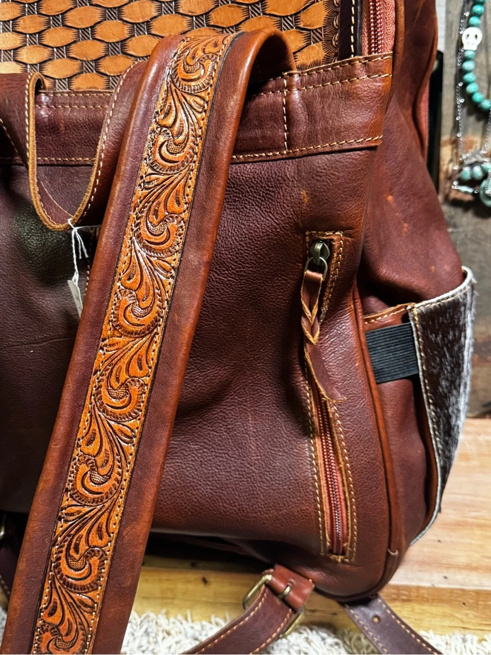 Genuine Handtooled Leather Cowhide New backpack Duck cards Western bag